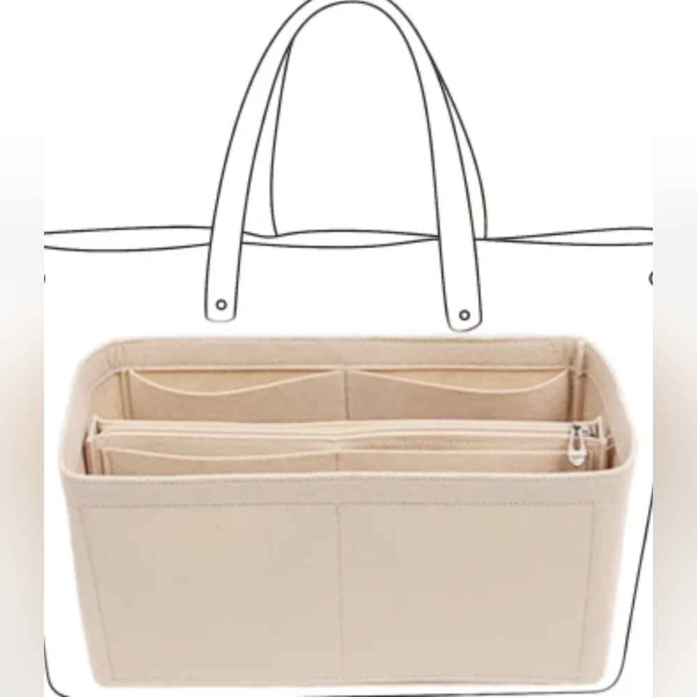 New bag organizer/insert beige felt removable compartment zip pocket & 2 slip